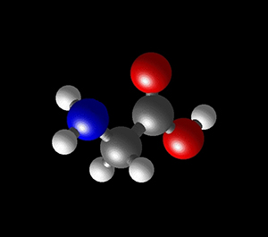 Glycinmolekylen – så är livets enklaste molekyl uppbyggd av atomer av kol (grått), syre (rött), kväve (blått) och väte. (Bild: NASA)