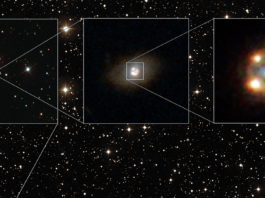 Fyrdubbel supernova bakom kosmisk lins överraskar Bild: ESA/Hubble, NASA, Sloan Digital Sky Survey, Palomar Observatory/California Institute of Technology