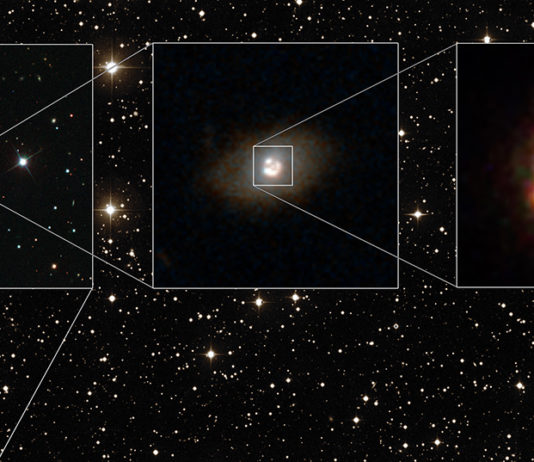 Fyrdubbel supernova bakom kosmisk lins överraskar Bild: ESA/Hubble, NASA, Sloan Digital Sky Survey, Palomar Observatory/California Institute of Technology