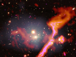 Radioteleskopet LOFAR släpper gigantisk himmelskarta Galaxklustret Abell 1314 i stjärnbilden Stora björnen, på ett avstånd av 460 miljoner ljusår från jorden. Bilden visar storskalig utsändning av radiovågor, som alstras vid kollissionen med ett annat kluster. Bild: Amanda Wilber/LOFAR Surveys Team/NASA/CXC