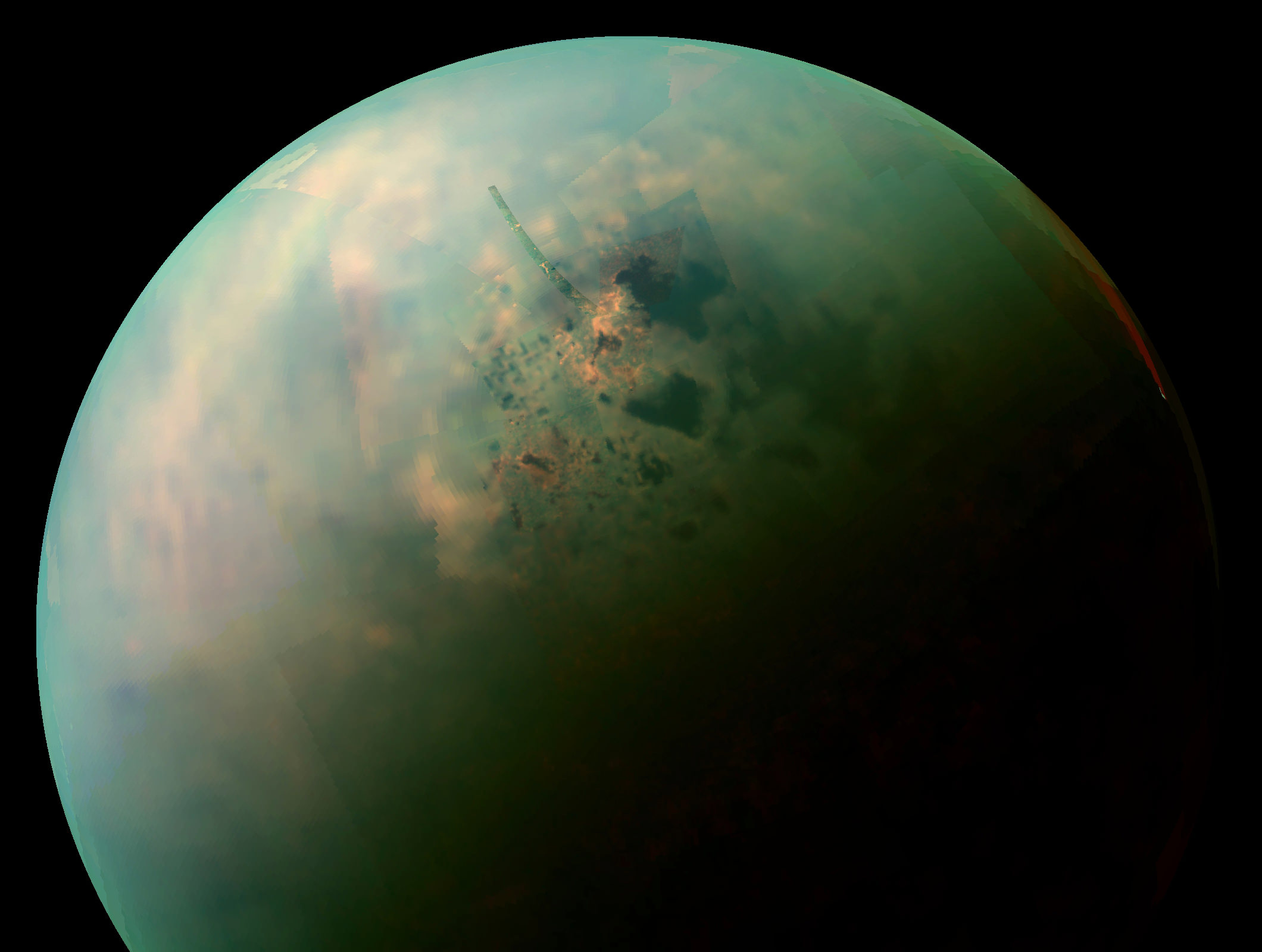 Titan med sjöar enligt sonden Cassinis infrarödkamera Bild: NASA/JPL-Caltech/SSI