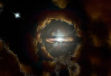 Galax från universums ungdom förbryllar Wolfe-skivan enligt rymdkonstnären Sophia Dagnello. Bild: NRAO/AUI/NSF, S. Dagnello