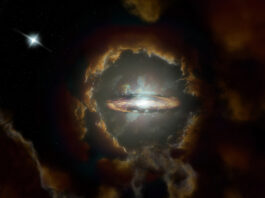 Galax från universums ungdom förbryllar Wolfe-skivan enligt rymdkonstnären Sophia Dagnello. Bild: NRAO/AUI/NSF, S. Dagnello