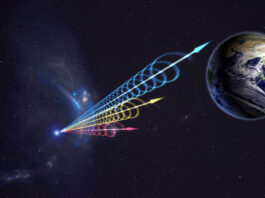 Radioblixtar belyser universums saknade materia FRB (Bild: Jingchuan Yu, Beijings planetarium, via NRAO)
