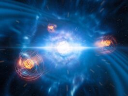 Under atomens skinn – ledtrådar till hur neutronstjärnor hålls samman Konstnärlig bild av tunga grundämnen som bildas i en kilonova vid en neutronstjärnekollision. Bildkälla: ESO/L. Calçada/M. Kornmesser