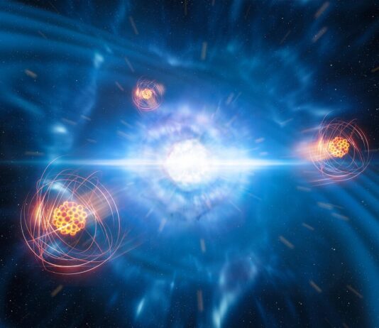 Under atomens skinn – ledtrådar till hur neutronstjärnor hålls samman Konstnärlig bild av tunga grundämnen som bildas i en kilonova vid en neutronstjärnekollision. Bildkälla: ESO/L. Calçada/M. Kornmesser