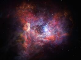 Uråldriga stjärnor skapar de tyngsta grundämnena Konstnärlig illustration som visar hur en avlägsen, ung galax skulle kunna se ut. Observationer med teleskopet ALMA har visat att denna galax, som sågs när universum bara var 4 % av sin nuvarande ålder, är rik på damm. Sådant damm producerades av en tidigare generation av stjärnor och dessa observationer ger insikter om födelsen och slutstadiet för de allra första stjärnorna i universum. Bild: ESO/M. Kornmesser