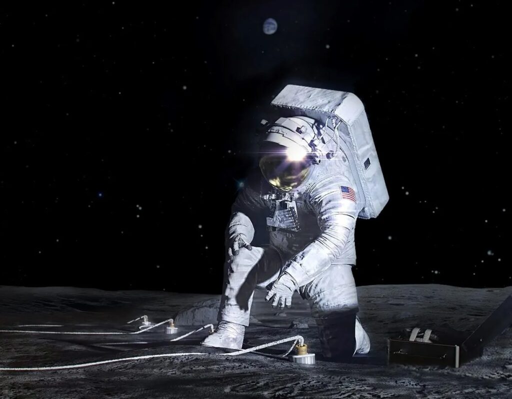 Konstnärlig illustration av Artemis-astronaut med instrument på månen. Bild: Nasa