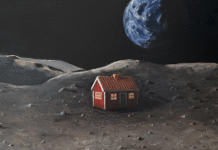 Den lilla röda stugan som kraschade och andra rymdfarande föremål Målning av månhuset. Bild: Mikael Genberg.