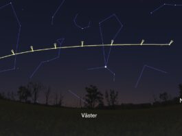 Se upp, kometen C/2025 A6 (Lemmon) kommer Komet Lemmon vid 19-tiden från Stockholm. Bild: Stellarium / Katrin Ros