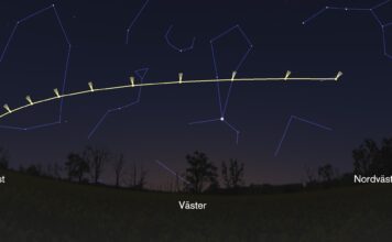 Se upp, kometen C/2025 A6 (Lemmon) kommer Komet Lemmon vid 19-tiden från Stockholm. Bild: Stellarium / Katrin Ros